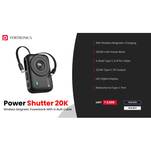 Portronics Power Shutter 20000mAh 15W Magnetic Wireless Fast Charging Powerbank