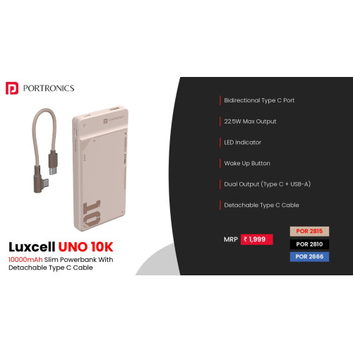 Portronics Luxcell Uno 10K 10000 mAh 22.5W Fast Charging Power Bank