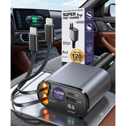 4 in 1 Fast Car Charger with Retractable Cable