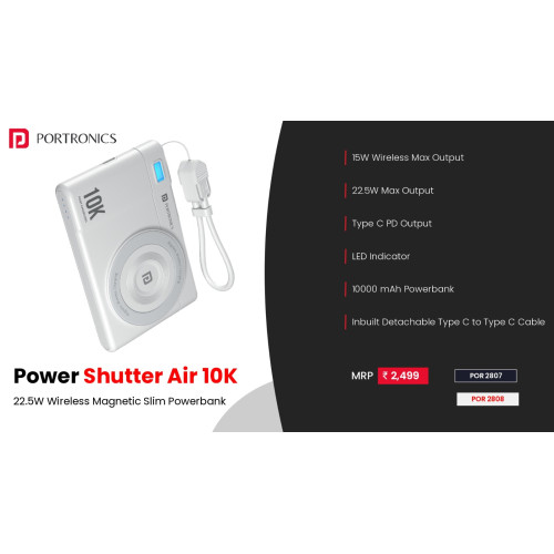 Portronics PowerShutter Air 10K 10000mAh 15W Wireless Magnetic Fast Charging Powerbank