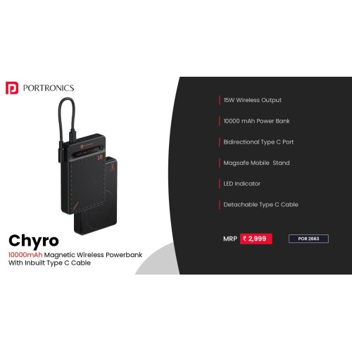 Portronics Chyro 10000mAh 15W Magnetic Wireless Fast Charging Powerbank 