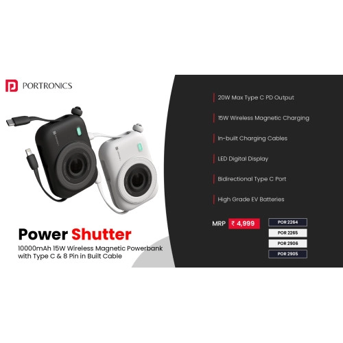 Portronics Power Shutter 10000mAh 15W Magnetic Wireless Fast Charging Powerbank