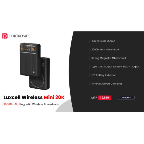 Portronics Luxcell Wireless Mini 20k 20000mAh 15W Magnetic Wireless Fast Charging Power Bank 