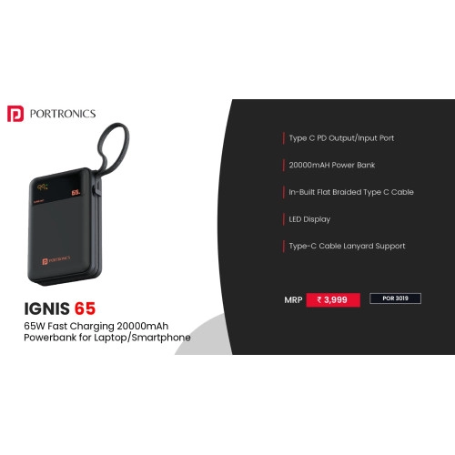 Portronics 65W Ignis 65 20000mAh Fast Charging Powerbank 