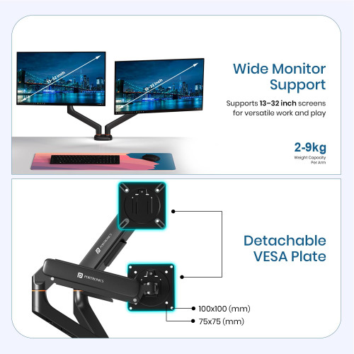 Portronics Aerolift Duo Gas Spring Dual Monitor Arms