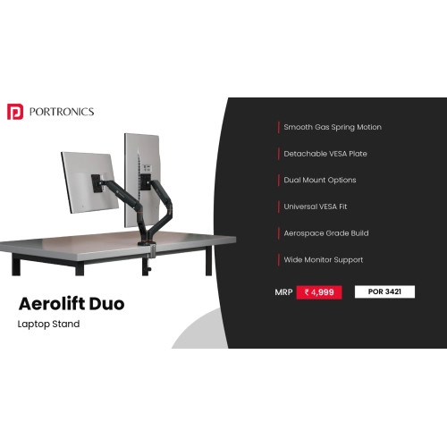 Portronics Aerolift Duo Gas Spring Dual Monitor Arms