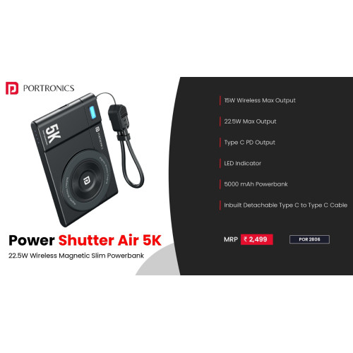 Portronics Power Shutter Air 5k 5000mAh 15W Wireless Magnetic Fast Charging Slim Powerbank